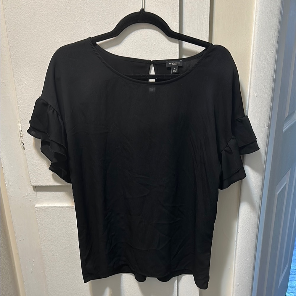 Ann Taylor Black Ruffled Short Sleeve Blouse